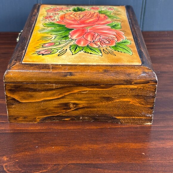 Vintage Wood Jewelry Box Floral Faux Leather Top Trinket Box with Rose Design - Picture 8 of 16